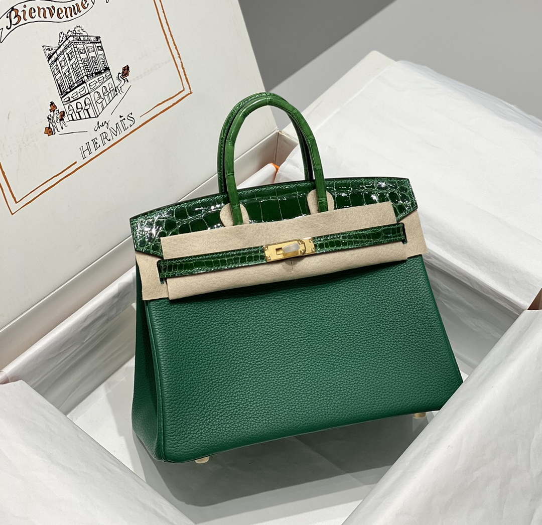 Hermes Birkin Tote Bag Togo Leather With High Gloss Nile Crocodile Emerald H28810 - Default Title - View 2