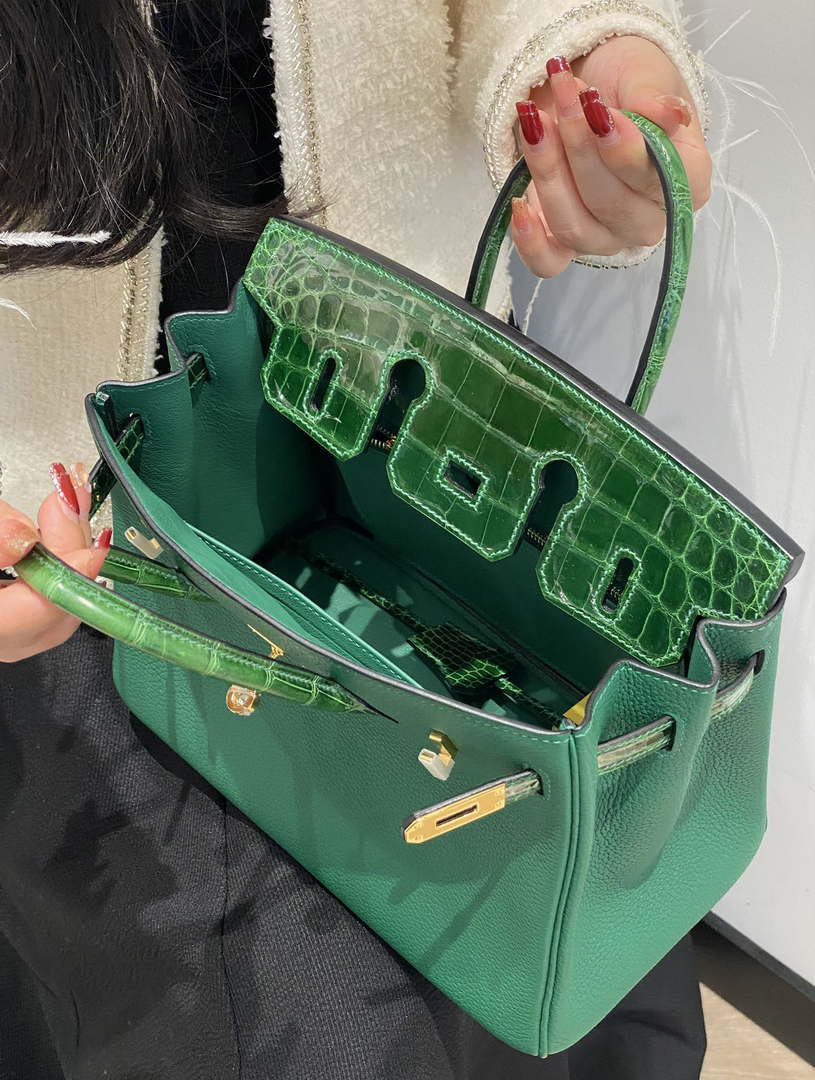 Hermes Birkin Tote Bag Togo Leather With High Gloss Nile Crocodile Emerald H28810 - Default Title - View 5