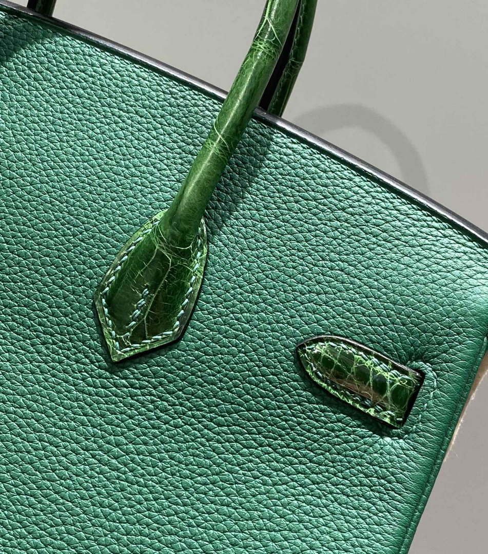 Hermes Birkin Tote Bag Togo Leather With High Gloss Nile Crocodile Emerald H28810 - Default Title - View 7