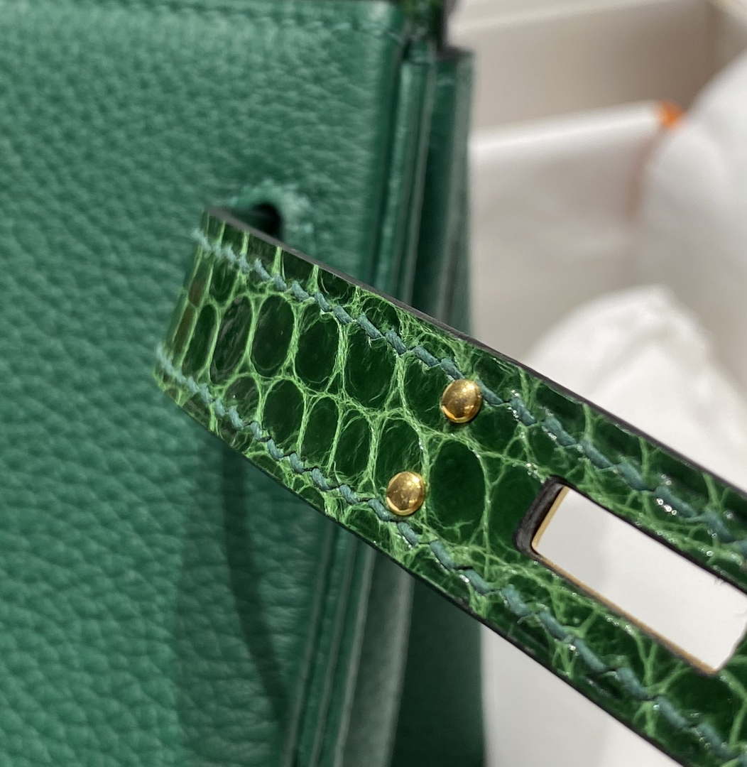 Hermes Birkin Tote Bag Togo Leather With High Gloss Nile Crocodile Emerald H28810 - Default Title - View 9