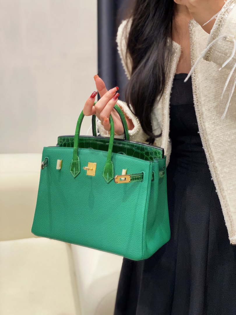Hermes Birkin Tote Bag Togo Leather With High Gloss Nile Crocodile Emerald H28810