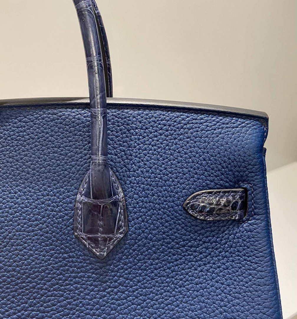 Hermes Birkin Tote Bag Togo Leather With High Gloss Nile Crocodile Emerald H28811 - Default Title - View 4