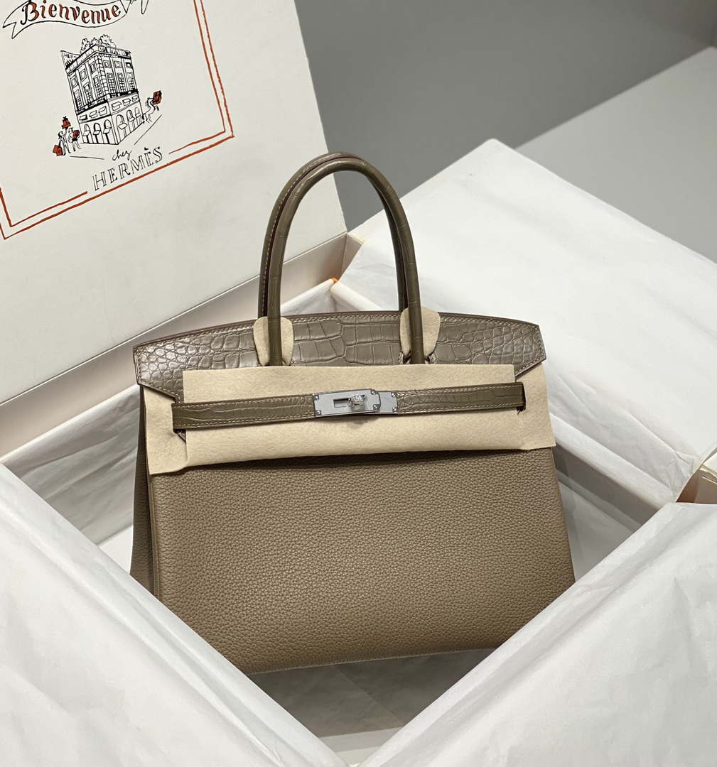 Hermes Birkin Tote Bag Togo Leather With High Gloss Nile Crocodile Emerald H28812