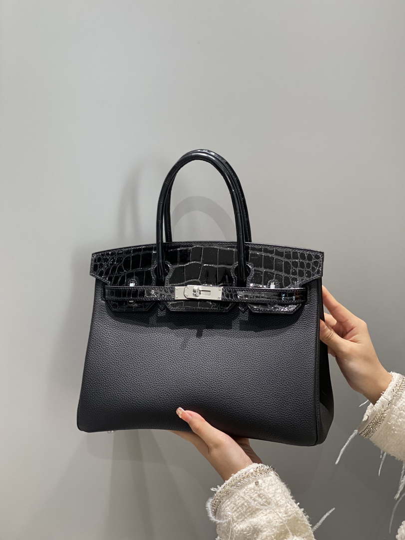 Hermes Birkin Tote Bag Togo Leather With High Gloss Nile Crocodile Emerald H28813 - Default Title - View 1