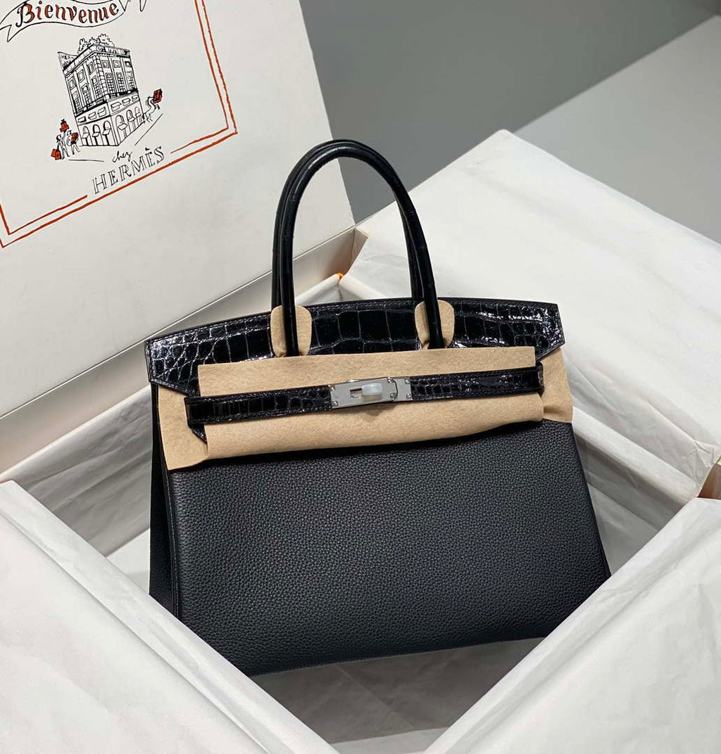 Hermes Birkin Tote Bag Togo Leather With High Gloss Nile Crocodile Emerald H28813