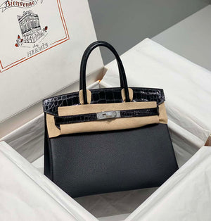 Hermes Birkin Tote Bag Togo Leather With High Gloss Nile Crocodile Emerald H28813 - Default Title - View 3