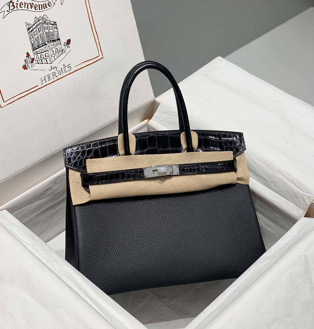Hermes Birkin Tote Bag Togo Leather With High Gloss Nile Crocodile Emerald H28813
