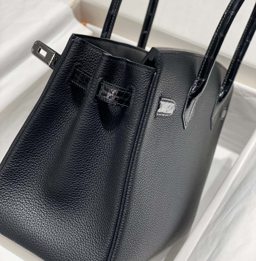 Hermes Birkin Tote Bag Togo Leather With High Gloss Nile Crocodile Emerald H28813 - Default Title - View 4