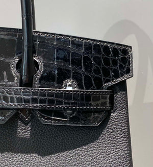 Hermes Birkin Tote Bag Togo Leather With High Gloss Nile Crocodile Emerald H28813 - Default Title - View 6