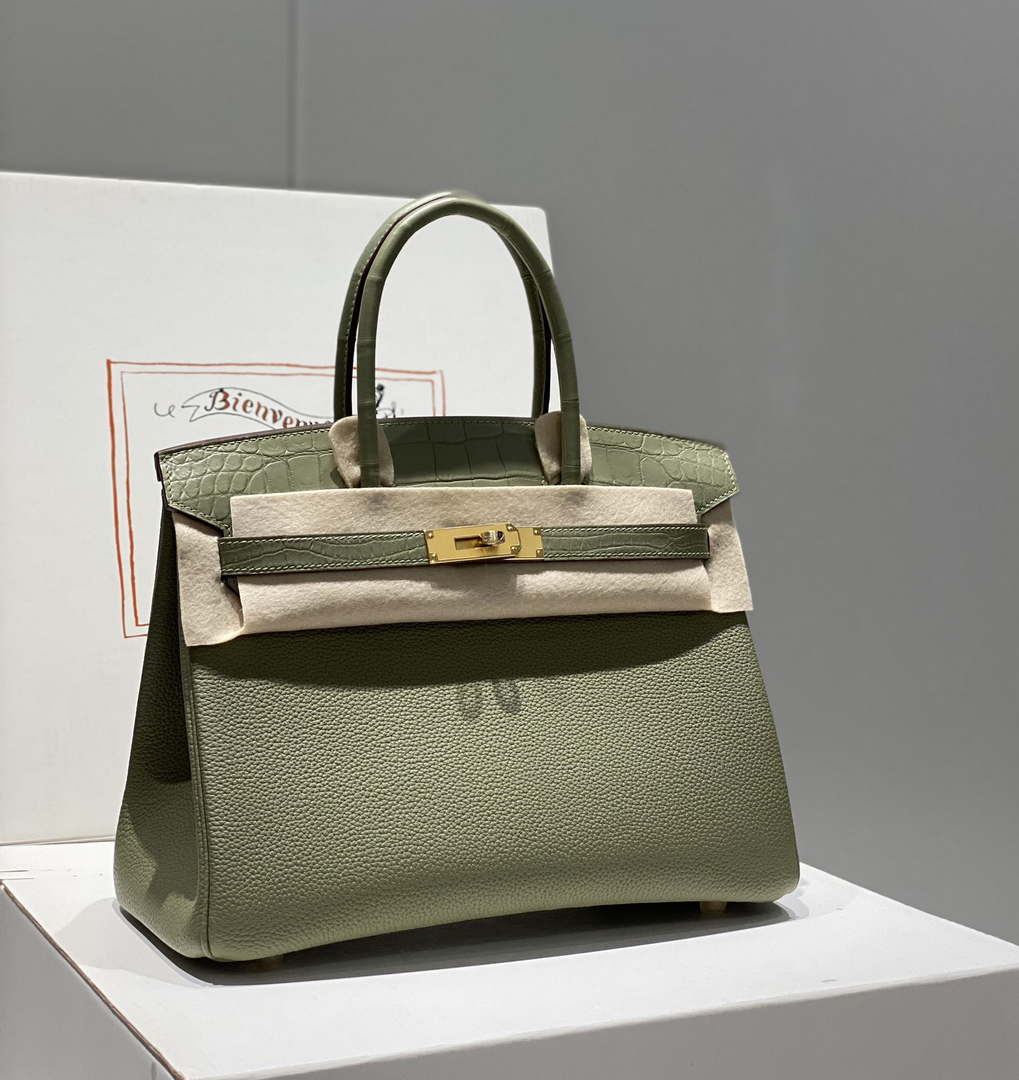 Hermes Birkin Tote Bag Togo Leather With High Gloss Nile Crocodile Emerald H28818