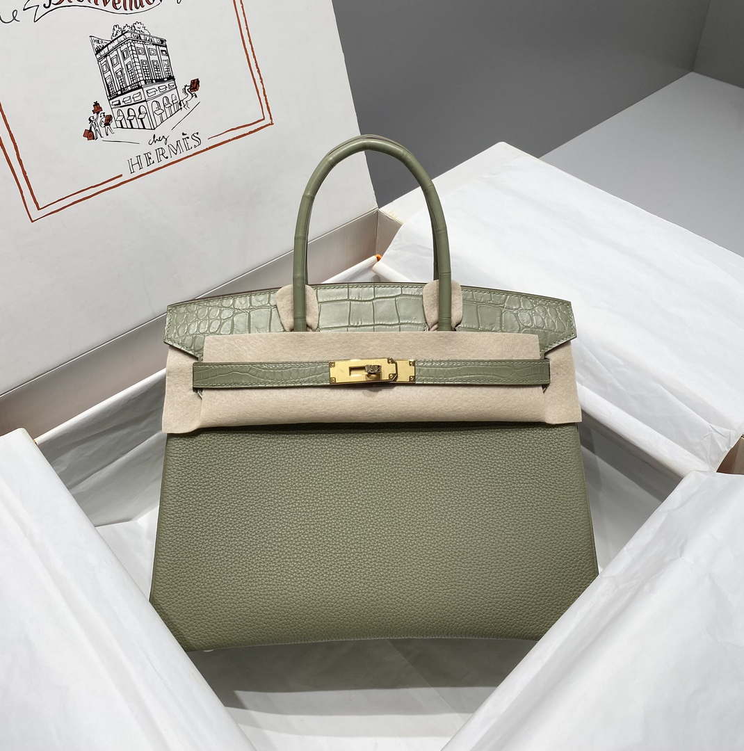 Hermes Birkin Tote Bag Togo Leather With High Gloss Nile Crocodile Emerald H28818 - Default Title - View 5