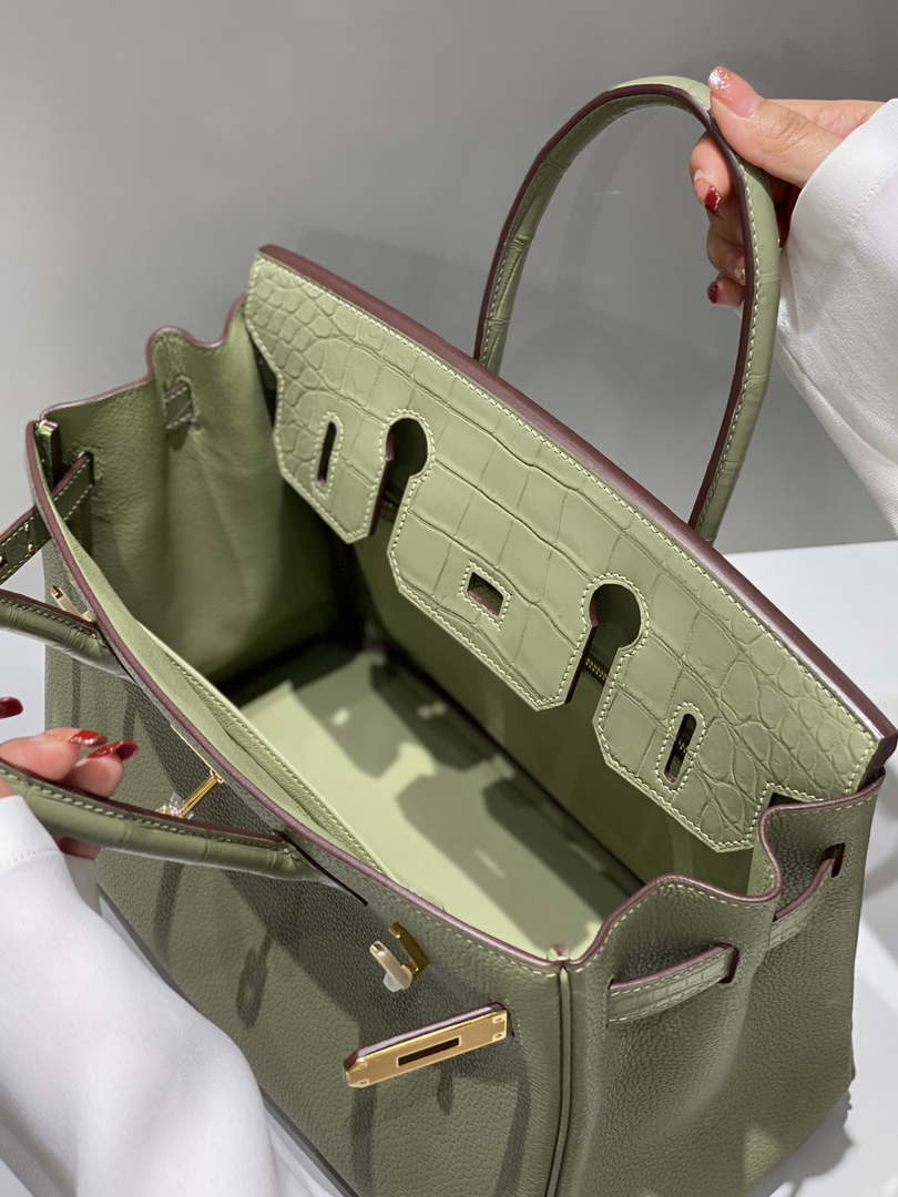 Hermes Birkin Tote Bag Togo Leather With High Gloss Nile Crocodile Emerald H28818 - Default Title - View 9