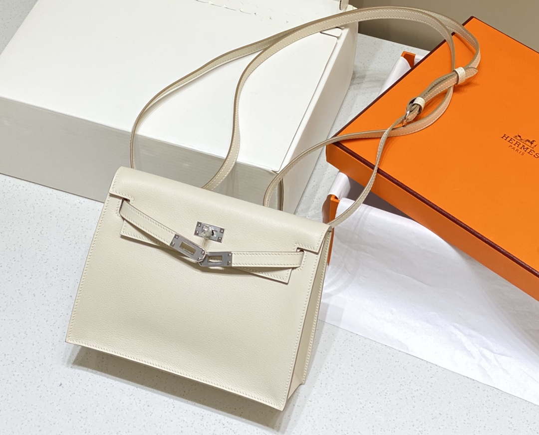 Hermes Evercolor Kelly Danse II 22cm Leather Crossbody Bag H20367 White Silver - Default Title - View 4