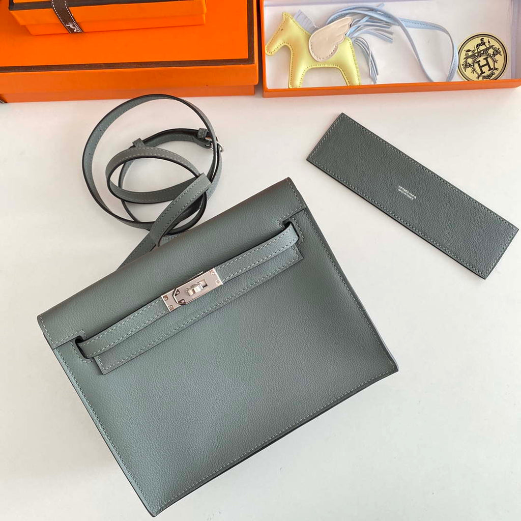 Hermes Evercolor Kelly Danse II 22cm Leather Crossbody Bag H20369 Gray Silver