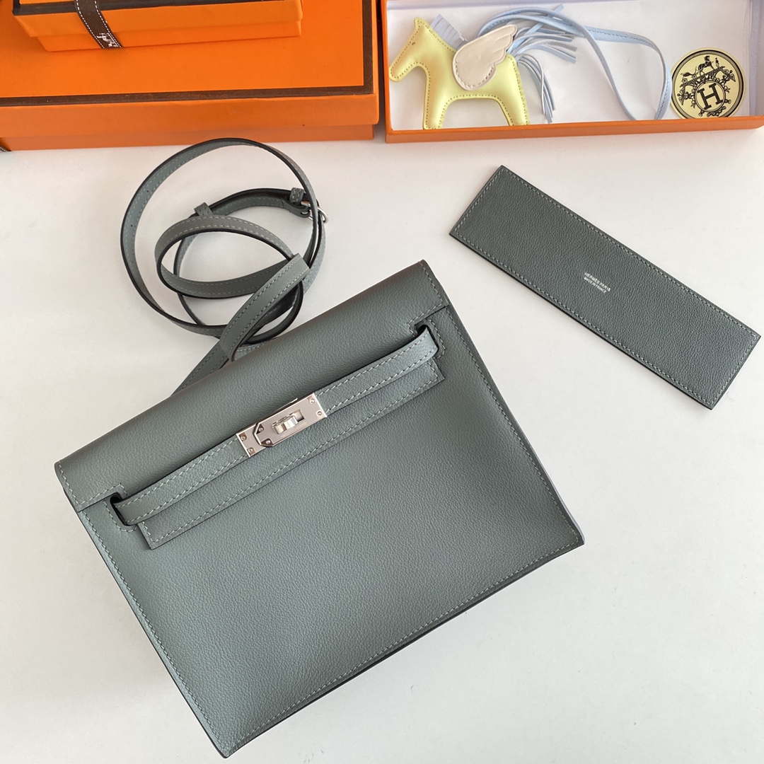 Hermes Evercolor Kelly Danse II 22cm Leather Crossbody Bag H20369 Gray Silver
