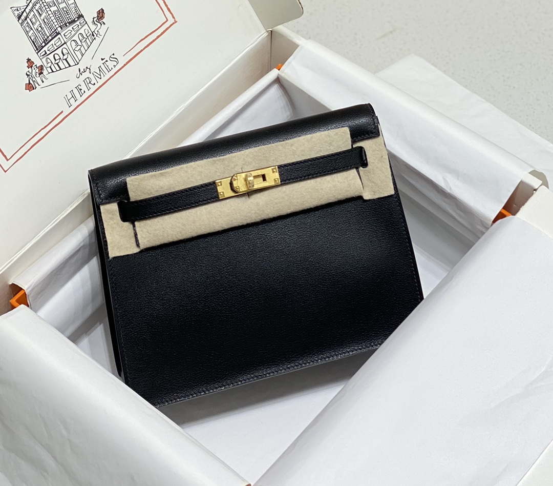 Hermes Evercolor Kelly Danse II 22cm Leather Crossbody Bag H20370 Black - Default Title - View 1