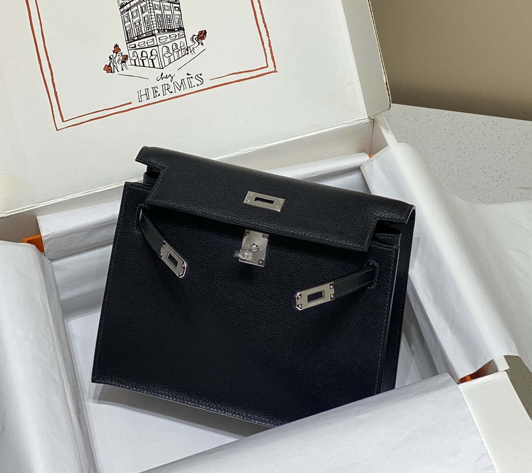 Hermes Evercolor Kelly Danse II 22cm Leather Crossbody Bag H20371 Black Silver - Default Title - View 3