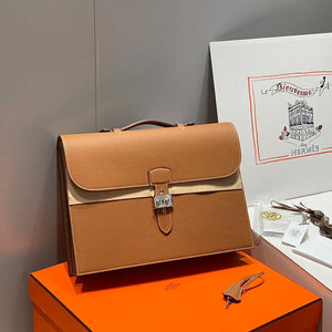 Hermes H074409CBH0 Men Sac a depeches light 1-37 briefcase Golden Brown - Default Title - View 1