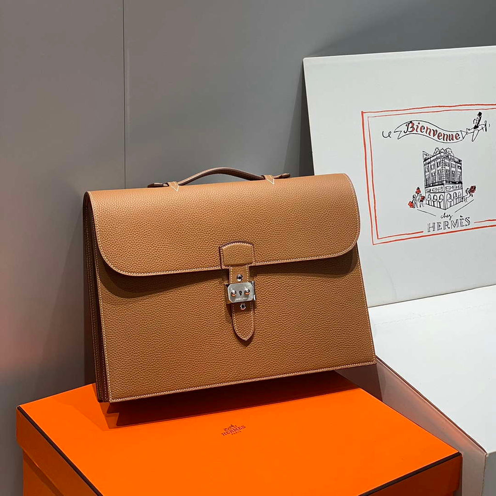 Hermes H074409CBH0 Men Sac a depeches light 1-37 briefcase Golden Brown
