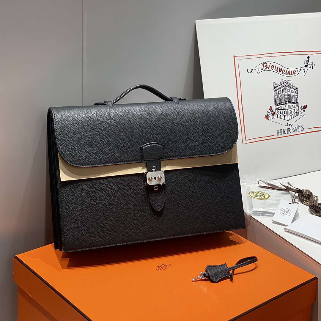 Hermes H074409CBH0 Men Sac a depeches light 1-37 briefcase Black
