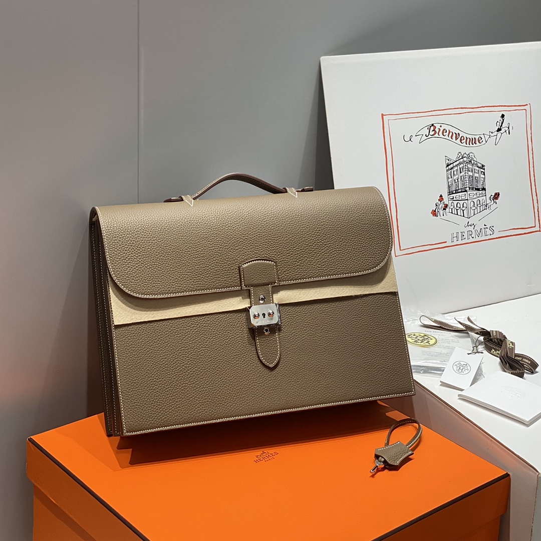 Hermes H074409CBH0 Men Sac a depeches light 1-37 briefcase Elephant Gray - Default Title - View 1