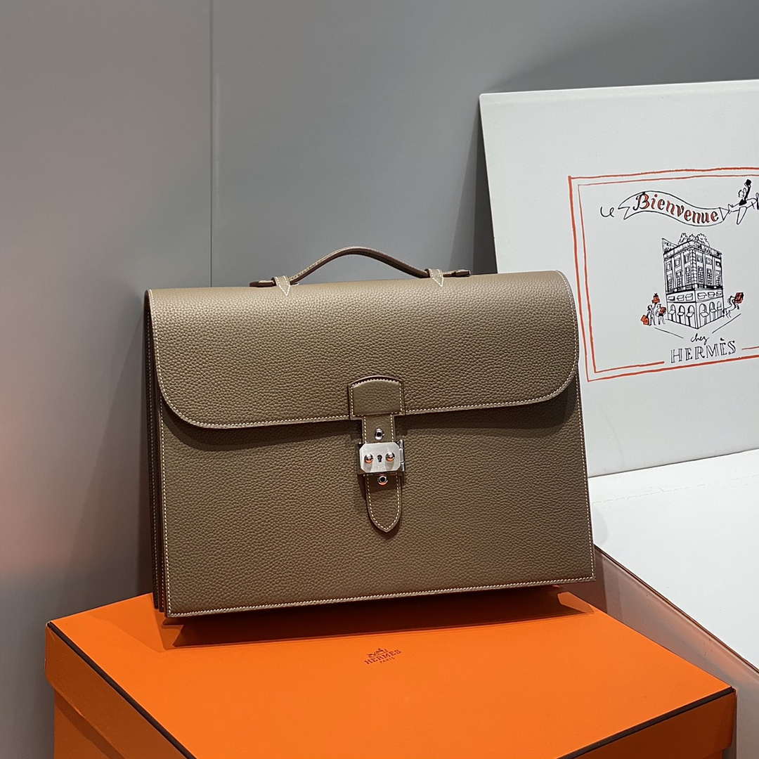 Hermes H074409CBH0 Men Sac a depeches light 1-37 briefcase Elephant Gray
