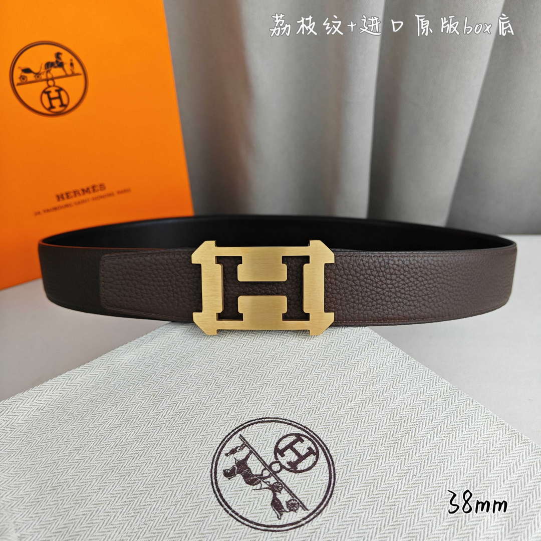 Hermes H077971CAVG085 H belt buckle & Reversible leather strap 38 mm H88021 - Gold / '--Please Select-- - View 1