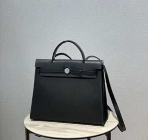 Hermes H082835CKAC Herbag Zip 31 Bag in Black Hunter Leather and Canvas H60028 - Default Title - View 1