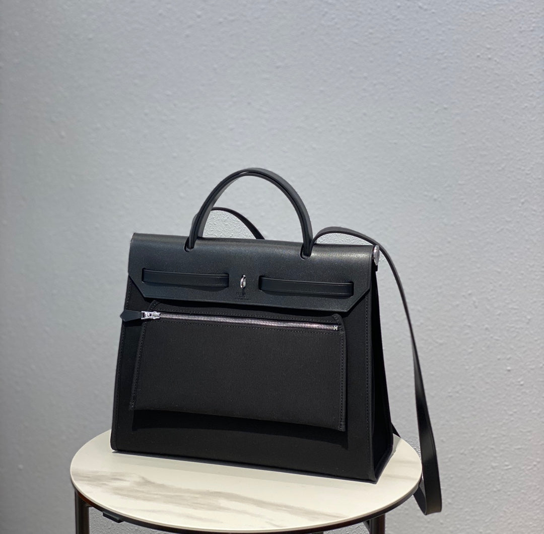 Hermes H082835CKAC Herbag Zip 31 Bag in Black Hunter Leather and Canvas H60028