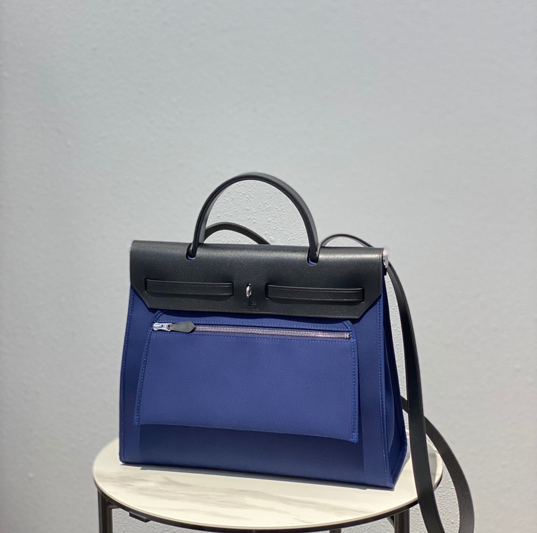 Hermes H082835CKAC Herbag Zip 31 Bag in Black Hunter Leather and Canvas H60029