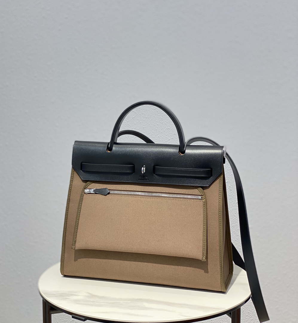 Hermes H082835CKAC Herbag Zip 31 Bag in Black Hunter Leather and Canvas H60031 - Default Title - View 2