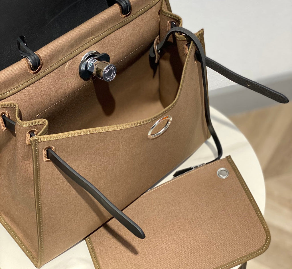 Hermes H082835CKAC Herbag Zip 31 Bag in Black Hunter Leather and Canvas H60031