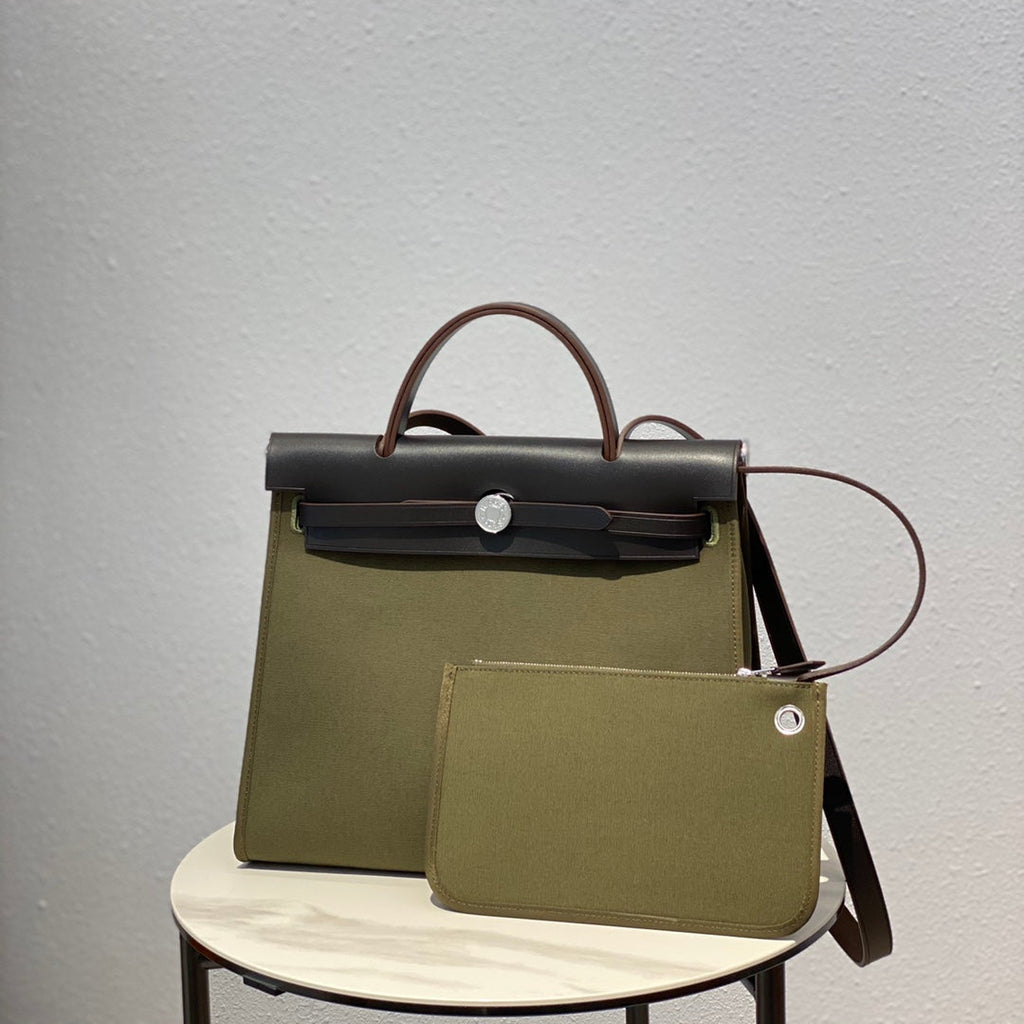 Hermes H082835CKAC Herbag Zip 31 Bag in Black Hunter Leather and Canvas H60032