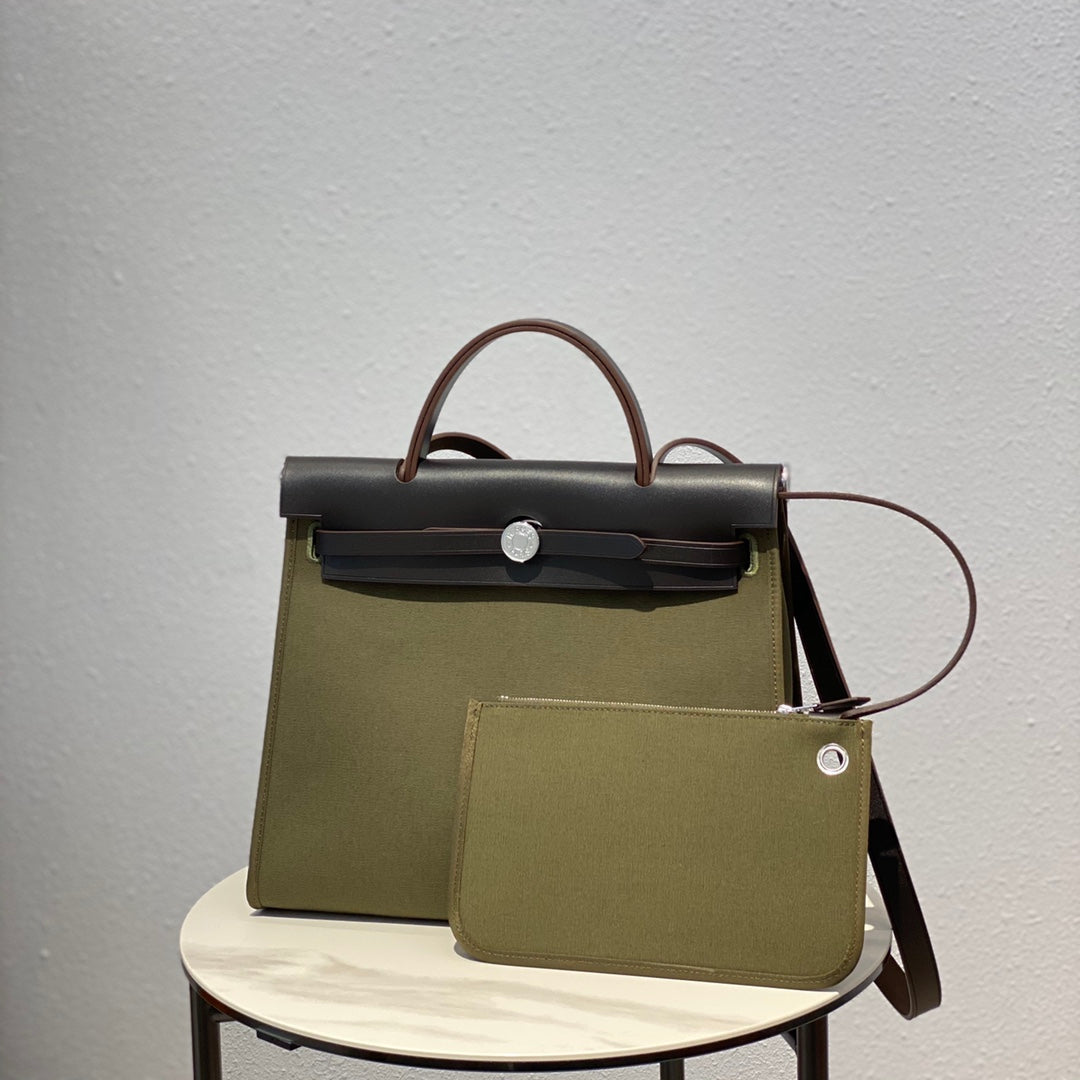 Hermes H082835CKAC Herbag Zip 31 Bag in Black Hunter Leather and Canvas H60032