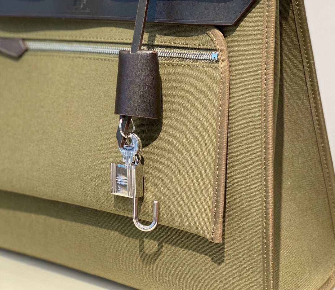 Hermes H082835CKAC Herbag Zip 31 Bag in Black Hunter Leather and Canvas H60032