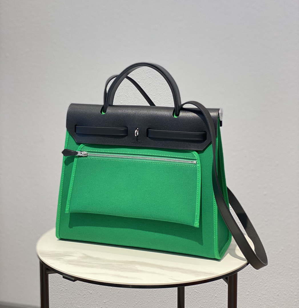 Hermes H082835CKAC Herbag Zip 31 Bag in Black Hunter Leather and Canvas H60034 - Default Title - View 6
