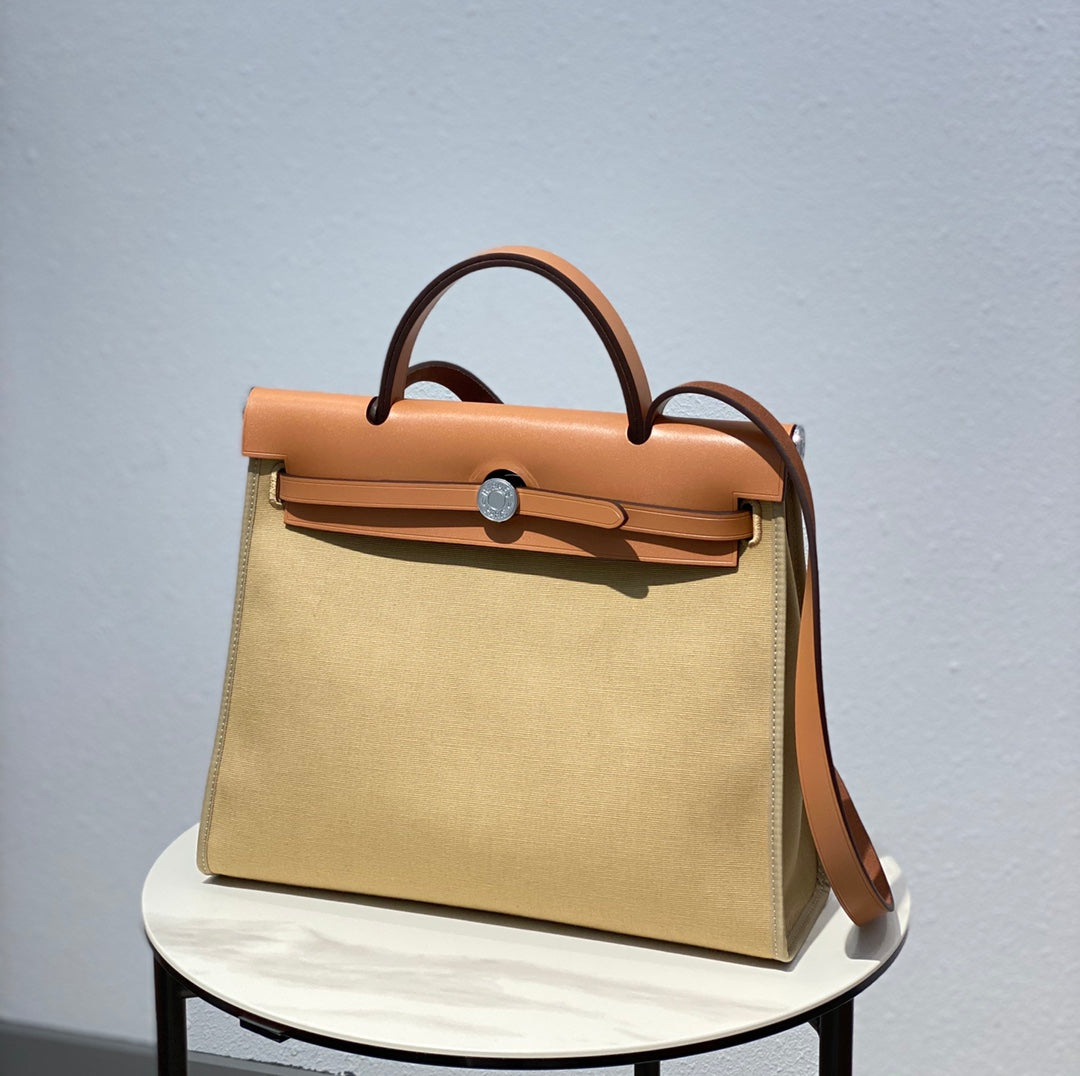 Hermes H082835CKAC Herbag Zip 31 Bag in Black Hunter Leather and Canvas H60035 - Default Title - View 1