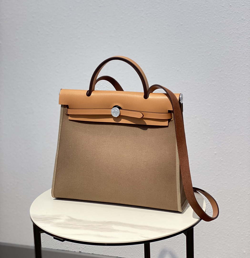 Hermes H082835CKAC Herbag Zip 31 Bag in Black Hunter Leather and Canvas H60036 - Default Title - View 1