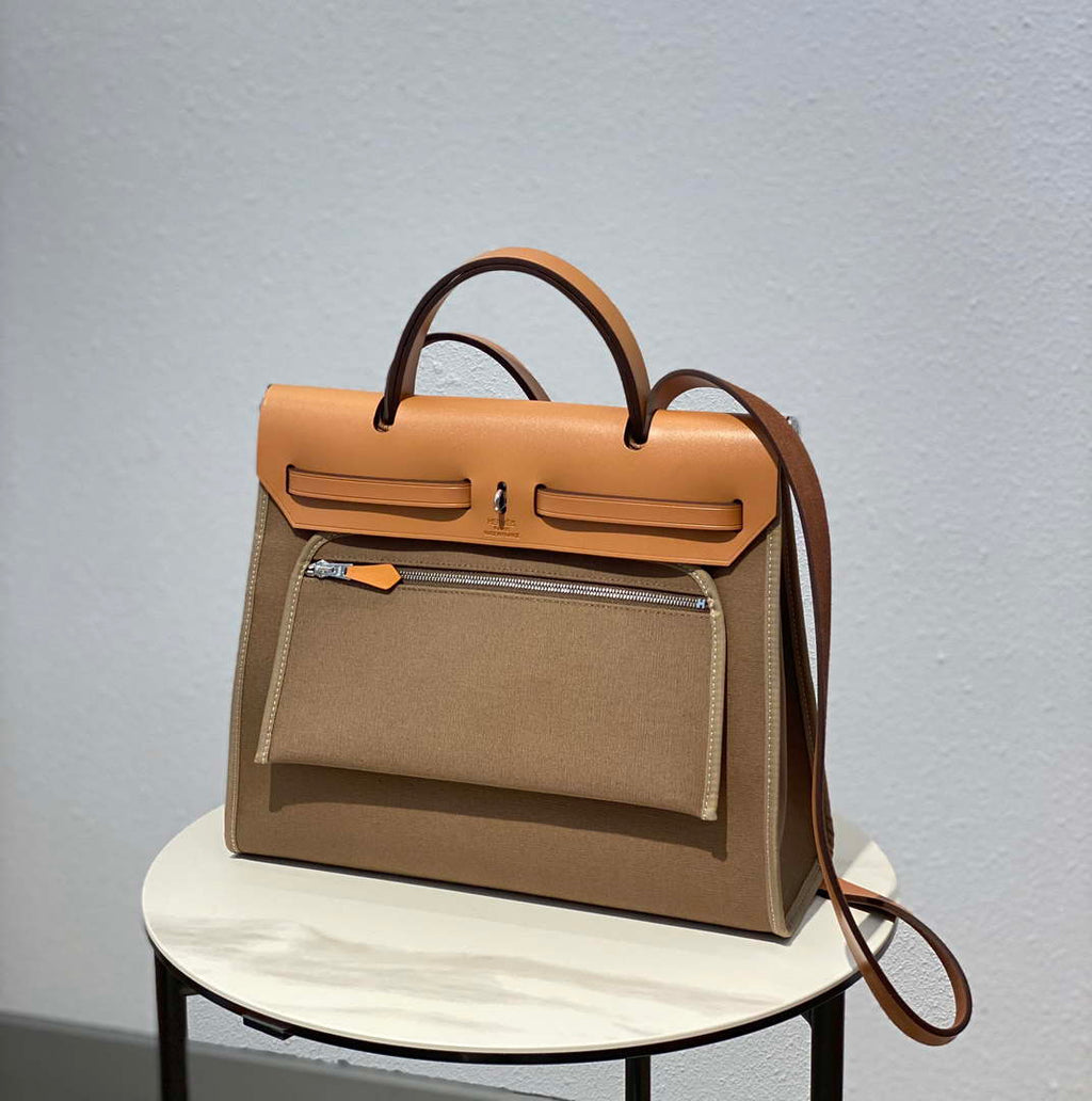 Hermes H082835CKAC Herbag Zip 31 Bag in Black Hunter Leather and Canvas H60036