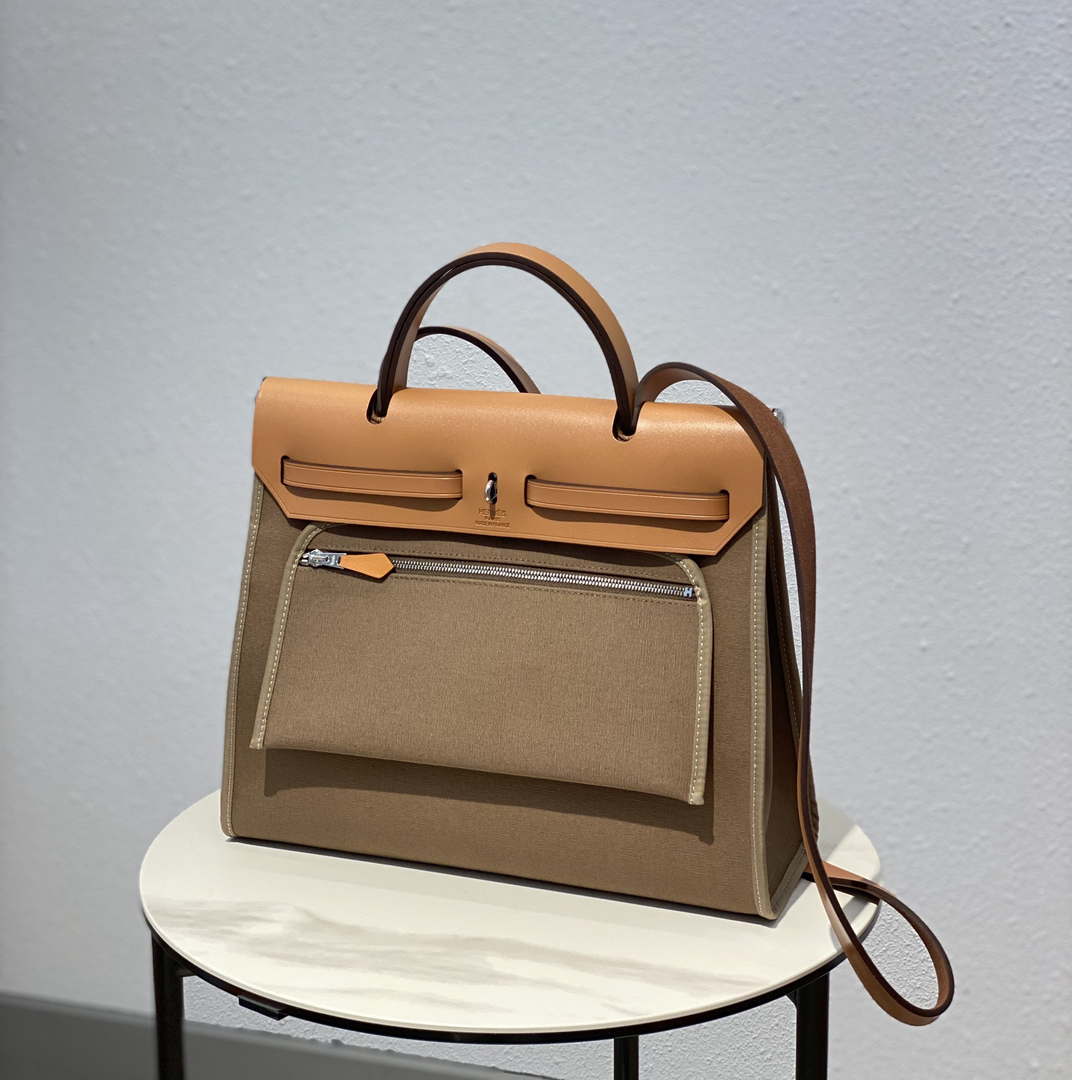 Hermes H082835CKAC Herbag Zip 31 Bag in Black Hunter Leather and Canvas H60036