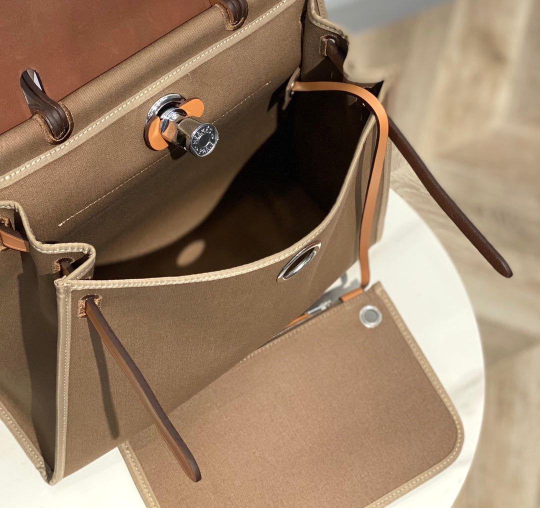 Hermes H082835CKAC Herbag Zip 31 Bag in Black Hunter Leather and Canvas H60036 - Default Title - View 9