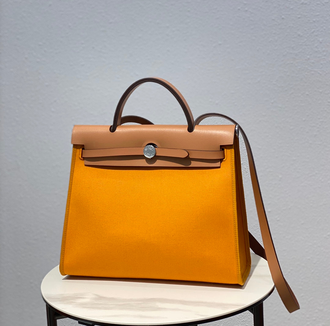 Hermes H082835CKAC Herbag Zip 31 Bag in Black Hunter Leather and Canvas H60037 - Default Title - View 1