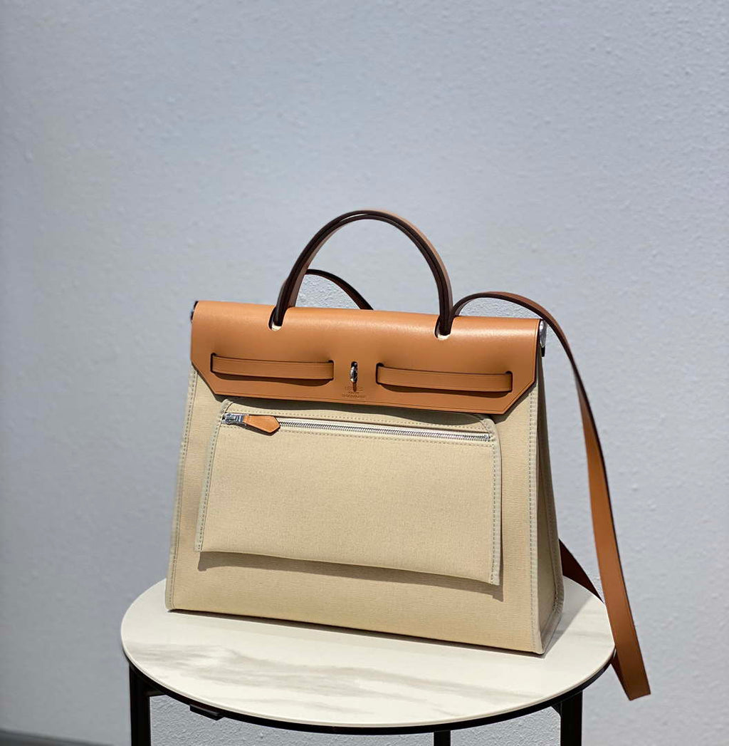 Hermes H082835CKAC Herbag Zip 31 Bag in Black Hunter Leather and Canvas H60038