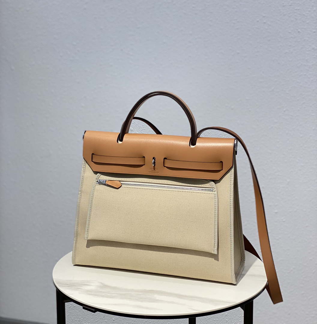 Hermes H082835CKAC Herbag Zip 31 Bag in Black Hunter Leather and Canvas H60038 - Default Title - View 2