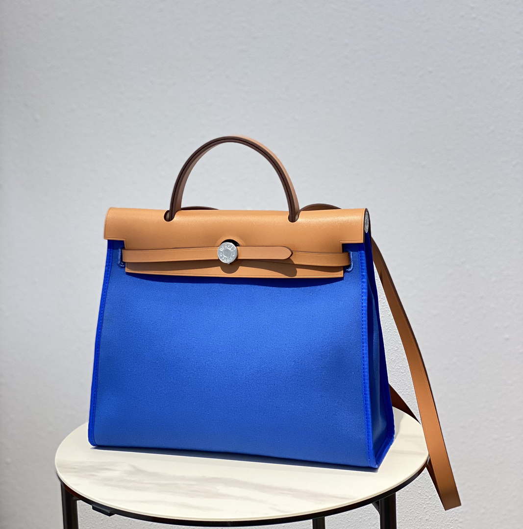 Hermes H082835CKAC Herbag Zip 31 Bag in Black Hunter Leather and Canvas H60040 - Default Title - View 1