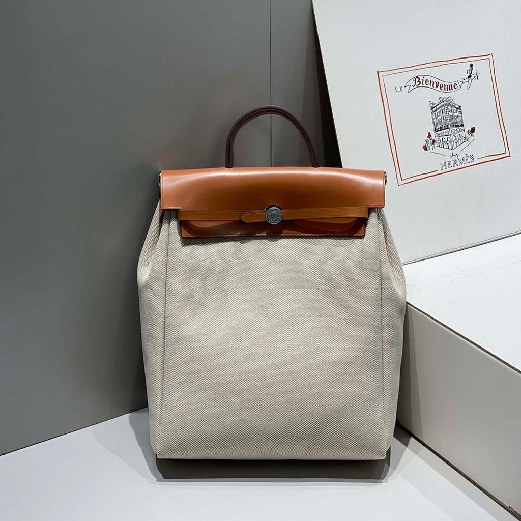 Hermes H084076CKAD A Dos Zip Retourne Herbag Backpack Toile Vache Hunter Ebene H60065