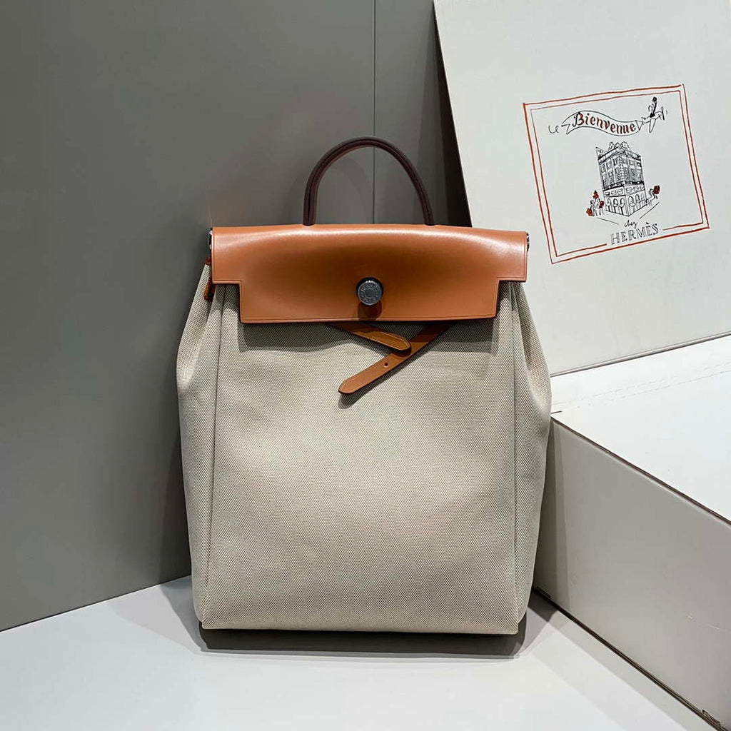 Hermes H084076CKAD A Dos Zip Retourne Herbag Backpack Toile Vache Hunter Ebene H60065