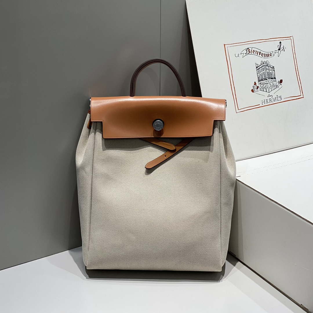 Hermes H084076CKAD A Dos Zip Retourne Herbag Backpack Toile Vache Hunter Ebene H60065
