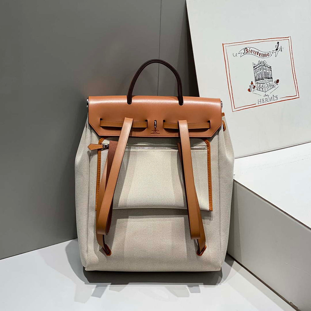 Hermes H084076CKAD A Dos Zip Retourne Herbag Backpack Toile Vache Hunter Ebene H60065