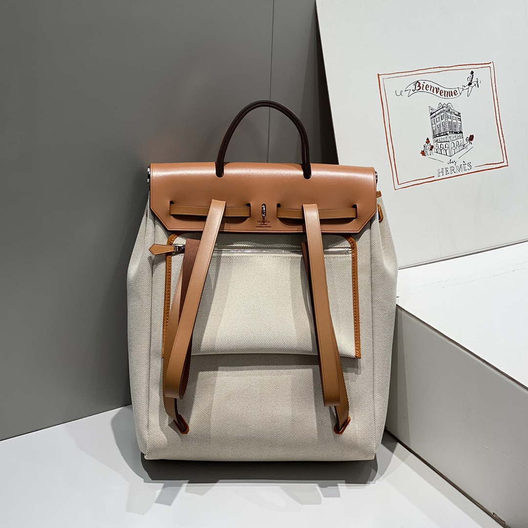 Hermes H084076CKAD A Dos Zip Retourne Herbag Backpack Toile Vache Hunter Ebene H60065 - Default Title - View 3